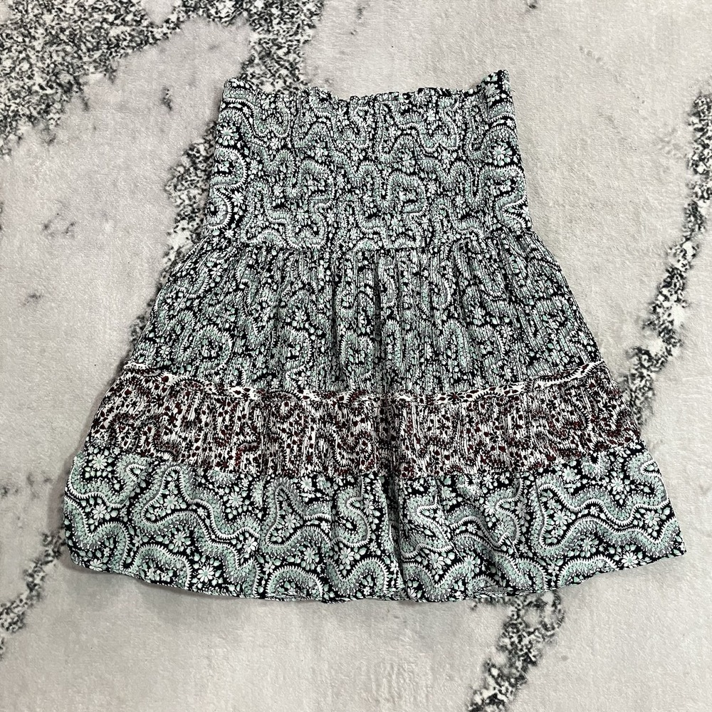 A.L.C. Paisley Floral Smocked Strapless Peplum Top Green Black Womens Size 2